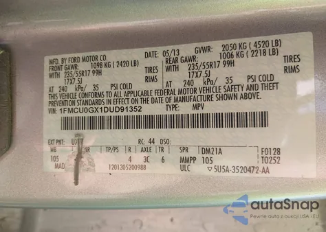 2013 Ford Escape Se from USA, damaged, VIN 1FMCU0GX1DUD91352